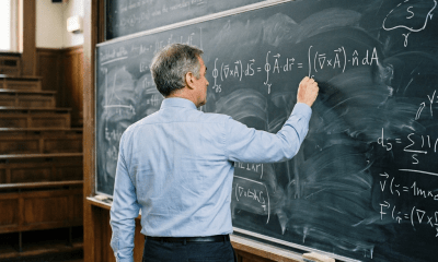 Professor writing advanced mathematical equations on a chalkboard in lecture hall