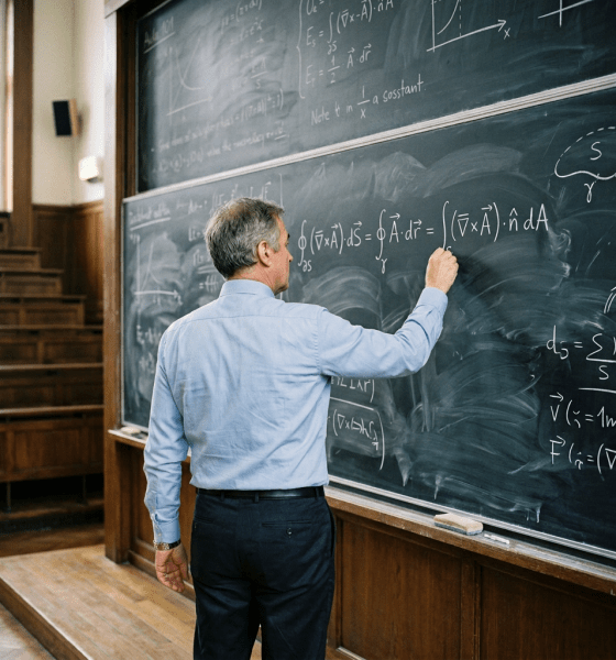 Professor writing advanced mathematical equations on a chalkboard in lecture hall