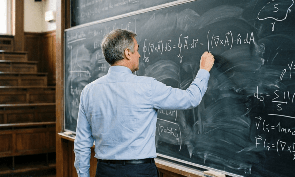 Professor writing advanced mathematical equations on a chalkboard in lecture hall